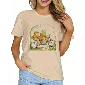 Женская весенне-летняя повседневная свободная футболка с короткими рукавами и принтом лягушки и лягушки L