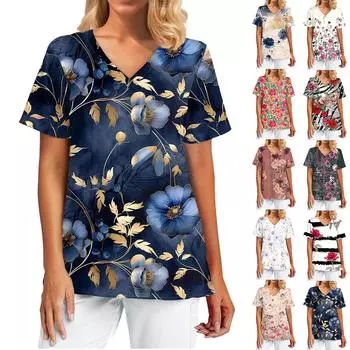 Женская весенне-летняя повседневная свободная футболка с v-образным вырезом и короткими рукавами с принтом XXXXXL