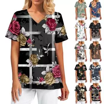 Женская весенне-летняя повседневная свободная футболка с v-образным вырезом и короткими рукавами с принтом S чёрный