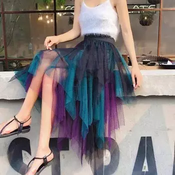 Женская весенне-летняя пышная юбка с высокой талией, короткая юбка с неровной сеткой и градиентным цветом, юбка для выступлений 2XL