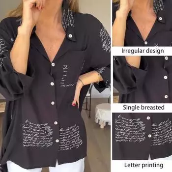 Женская весенне-летняя рубашка с длинными рукавами и лацканами, топы с карманами и буквенным принтом, однобортная тонкая блузка, нерегулярные топы средней длины 3XL белый