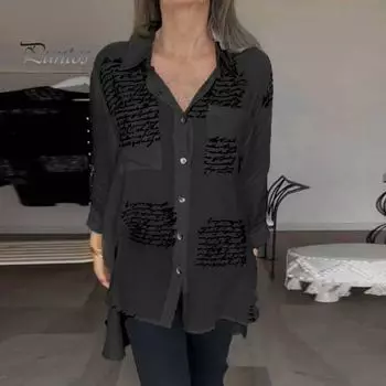 Женская весенне-летняя рубашка с длинными рукавами и лацканами, топы с карманами и буквенным принтом, однобортная тонкая блузка, нерегулярные топы средней длины 3XL белый