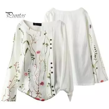 Женская весенне-летняя рубашка с круглым вырезом и коротким рукавом с вышивкой и цветочным узором, удобная рубашка свободного покроя L белый