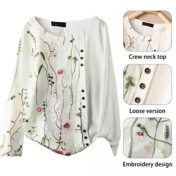 Женская весенне-летняя рубашка с круглым вырезом и коротким рукавом с вышивкой и цветочным узором, удобная рубашка свободного покроя L белый