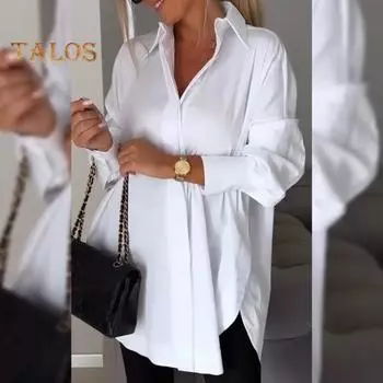Женская весенне-летняя рубашка с лацканами и длинным рукавом, однотонная рубашка с боковым разрезом, повседневная рубашка средней длины, рабочая одежда S белый
