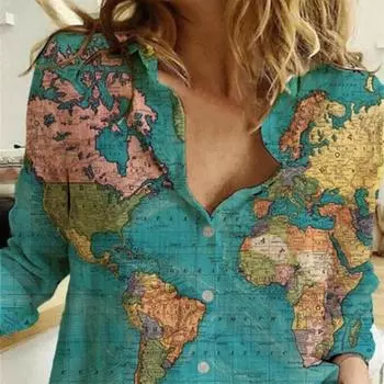 Женская весенне-летняя рубашка с лацканами и длинным рукавом, однобортная блузка с цветочным принтом, свободная посадка, уличная одежда S синий