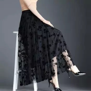 Женская весенне-летняя сетчатая юбка-бюстье с цветочным принтом и высокой талией, модная юбка-зонтик с принтом 2XL чёрный