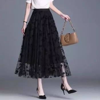 Женская весенне-летняя сетчатая юбка-бюстье с цветочным принтом и высокой талией, модная юбка-зонтик с принтом 2XL чёрный