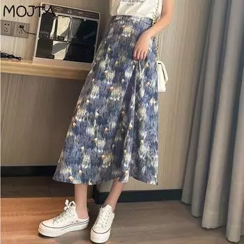 Женская весенне-летняя стильная юбка с цветочным рисунком, женская юбка с высокой талией, тонкая распашная юбка трапециевидной формы средней длины