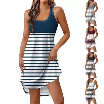 Женская весенне-летняя темпераментная мода с круглым вырезом и полосатым принтом, короткий жилет, тонкое платье L синий