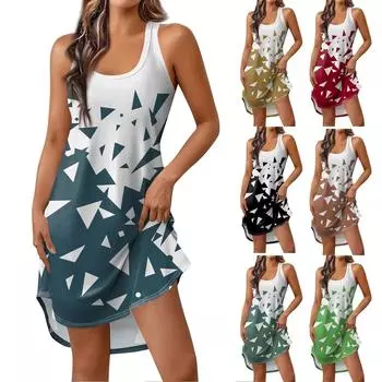 Женская весенне-летняя темпераментная мода с круглым вырезом и геометрическим принтом, короткий жилет, тонкое платье L