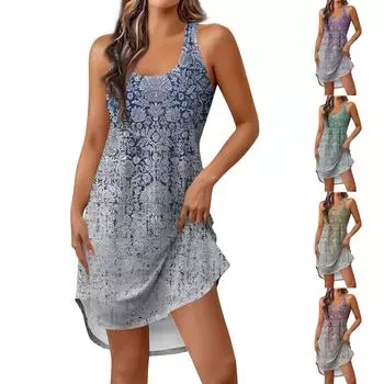 Женская весенне-летняя темпераментная мода с круглым вырезом и ретро-принтом, короткий жилет, тонкое платье L синий