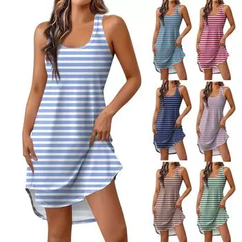 Женская весенне-летняя темпераментная мода с круглым вырезом и полосатым принтом, короткий жилет, тонкое платье L синий