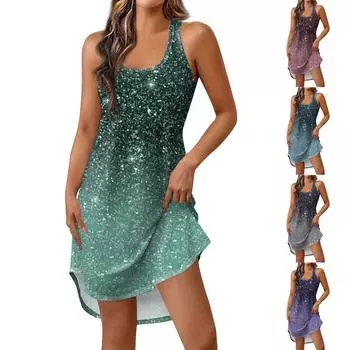 Женская весенне-летняя темпераментная мода с круглым вырезом и принтом неба, короткий жилет, тонкое платье L синий