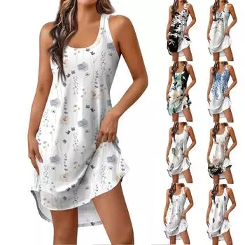 Женская весенне-летняя темпераментная мода с круглым вырезом и цветочным принтом, короткий жилет, тонкое платье L чёрный