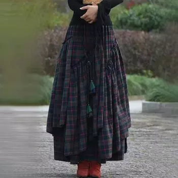 Женская весенне-летняя юбка-полусолнце с широким подолом, юбка-полусолнце с удлиненной юбкой в клетку 5XL