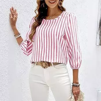 Женская весенне-летняя универсальная блузка-рубашка с коротким рукавом и полосатым верхом XXL розовый