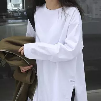 Женская весенне-летняя утолщенная белая футболка, хлопковый свободный топ с длинными рукавами