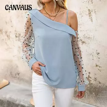 Женская весенне-осенняя блузка, элегантная модная сетчатая блузка в горошек с длинными рукавами и широкими рукавами-пузырьками, с наклонными плечами