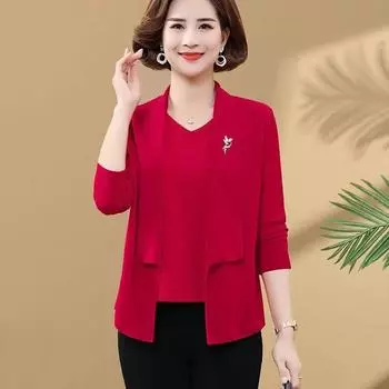 Женская весенне-осенняя блузка-двойка из однотонного материала с длинными рукавами и свободным трикотажным жакетом 5XL