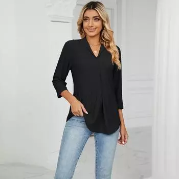 Женская весенне-осенняя блузка с v-образным вырезом, жаккардовые свободные топы с длинными рукавами и лацканами со средним рукавом S белый