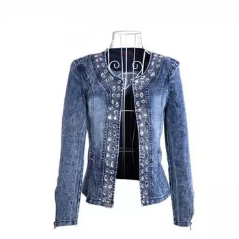 Женская весенне-осенняя джинсовая куртка из эластичной джинсовой ткани со стразами и блестками, винтажная ковбойская короткая куртка 4XL синий