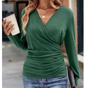 Женская весенне-осенняя футболка, модная приталенная талия, плиссированная модная элегантная женская футболка с v-образным вырезом S чёрный