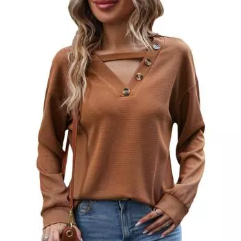 Женская весенне-осенняя футболка с длинным рукавом и V-образным вырезом, сплошной цвет, пуловер, футболка, блузка S
