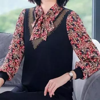 Женская весенне-осенняя футболка с длинными рукавами и принтом, шифоновая рубашка с v-образным вырезом, свободная рубашка XXXXXL