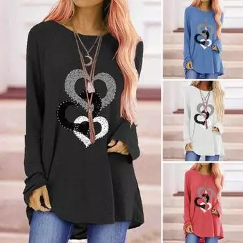 Женская весенне-осенняя футболка с узором в виде сердца, декор со стразами, длинный рукав, свободный средней длины, круглый вырез, мягкий дышащий пуловер, женский топ L чёрный