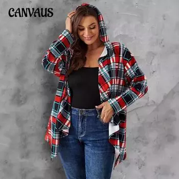 Женская весенне-осенняя клетчатая кардиган с капюшоном, повседневная рубашка с длинным рукавом больших размеров 0XL красный