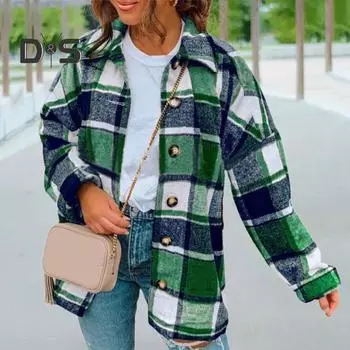 Женская весенне-осенняя клетчатая рубашка с принтом, пальто с лацканами, однобортная однобортная повседневная свободная блузка, куртка, кардиган, уличная одежда M коричневый