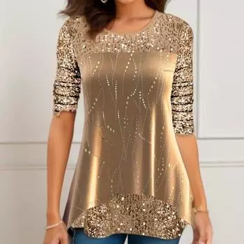 Женская весенне-осенняя красивая футболка с круглым вырезом, топы средней длины с принтом 5XL