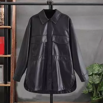 Женская весенне-осенняя куртка из гладкой искусственной кожи с лацканами ветрозащитный длинный рукав свободные однобортные карманы с разрезом подол кардиган средней длины L чёрный