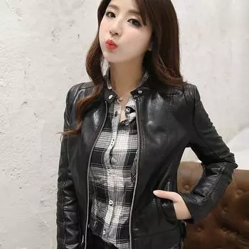 Женская весенне-осенняя куртка из искусственной кожи, повседневная тонкая мягкая мотоциклетная байкерская куртка из искусственной кожи, женское пальто S чёрный