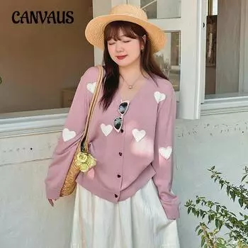 Женская весенне-осенняя куртка с персиковым сердечком больших размеров, свободный вязаный кардиган на пуговицах
