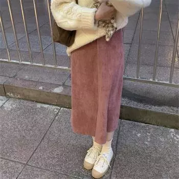 Женская весенне-осенняя литературная ретро-вельветовая юбка-полуториал, однотонная юбка с разрезом, прямая юбка 2XL чёрный