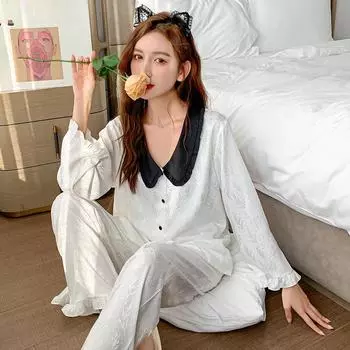 Женская весенне-осенняя милая домашняя одежда из шелка Ice Silk, комплект из 2 предметов, пижама с длинным рукавом и воротником Doll, жаккардовая домашняя одежда M