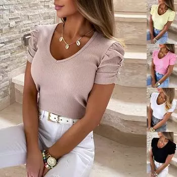 Женская весенне-осенняя модная трикотажная футболка Wild Slim с тонкими пышными рукавами S чёрный