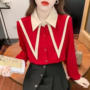 Женская весенне-осенняя нишевая рубашка с длинными рукавами и цветными блоками, пуловер, милый и удобный топ 3XL