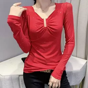 Женская весенне-осенняя новая футболка с v-образным вырезом, модный сетчатый топ с длинными рукавами, однотонная рубашка S-4XL XXL синий