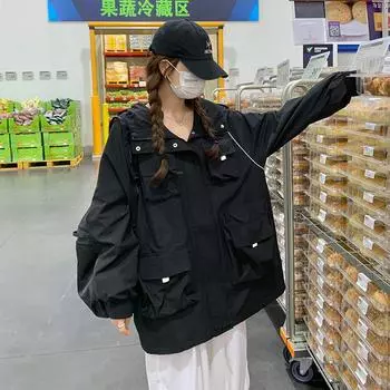 Женская весенне-осенняя новая ветровка с множеством карманов, женская свободная куртка большого размера в деловом стиле S чёрный