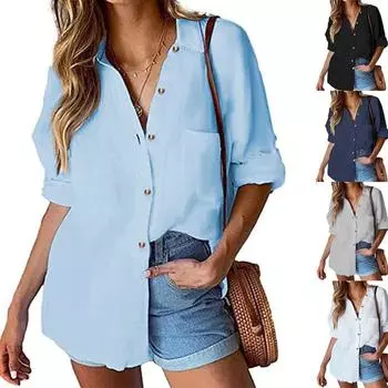 Женская весенне-осенняя новинка, повседневная свободная однотонная рубашка с карманом сверху для женщин S чёрный