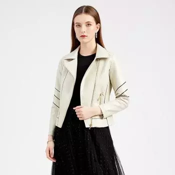 Женская весенне-осенняя однотонная мотоциклетная тонкая короткая кожаная куртка из искусственной кожи с длинными рукавами S-4XL S бежевый