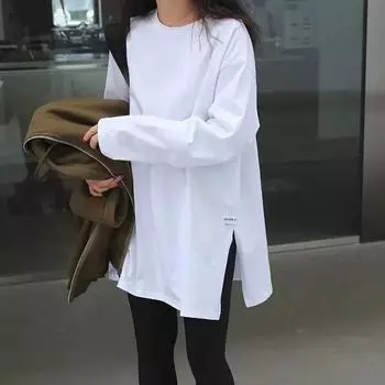 Женская весенне-осенняя однотонная открытая футболка с длинными рукавами, удобная нижняя рубашка с круглым вырезом 2XL белый