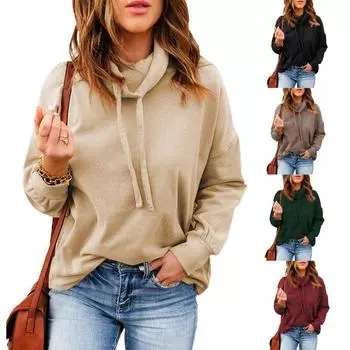 Женская весенне-осенняя однотонная толстовка с капюшоном и водолазкой с капюшоном, пуловер, толстовка S чёрный