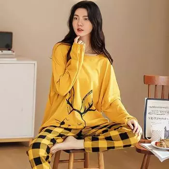 Женская весенне-осенняя пижама с длинными рукавами из полиэстера, домашняя одежда, свободный подарок для милой девочки, цветочная одежда с круглым вырезом, милая домашняя одежда L синий