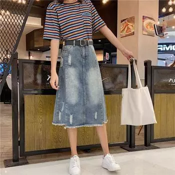 Женская весенне-осенняя повседневная джинсовая юбка с высокой талией, белая джинсовая юбка трапециевидной формы с дырками