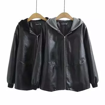 Женская весенне-осенняя повседневная куртка из искусственной кожи с длинными рукавами и капюшоном, свободная бейсбольная форма 4XL чёрный