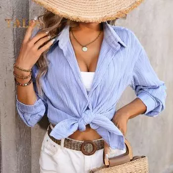 Женская весенне-осенняя повседневная рубашка с лацканами и длинными рукавами на пуговицах, офисная блузка, топ, однотонная волнистая текстурированная офисная рубашка для вечеринок L розы красного